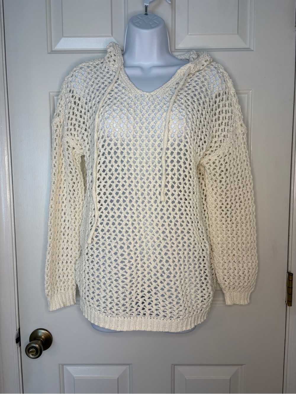 Cream Open-Weave Hooded Swim Coverup or Sweater